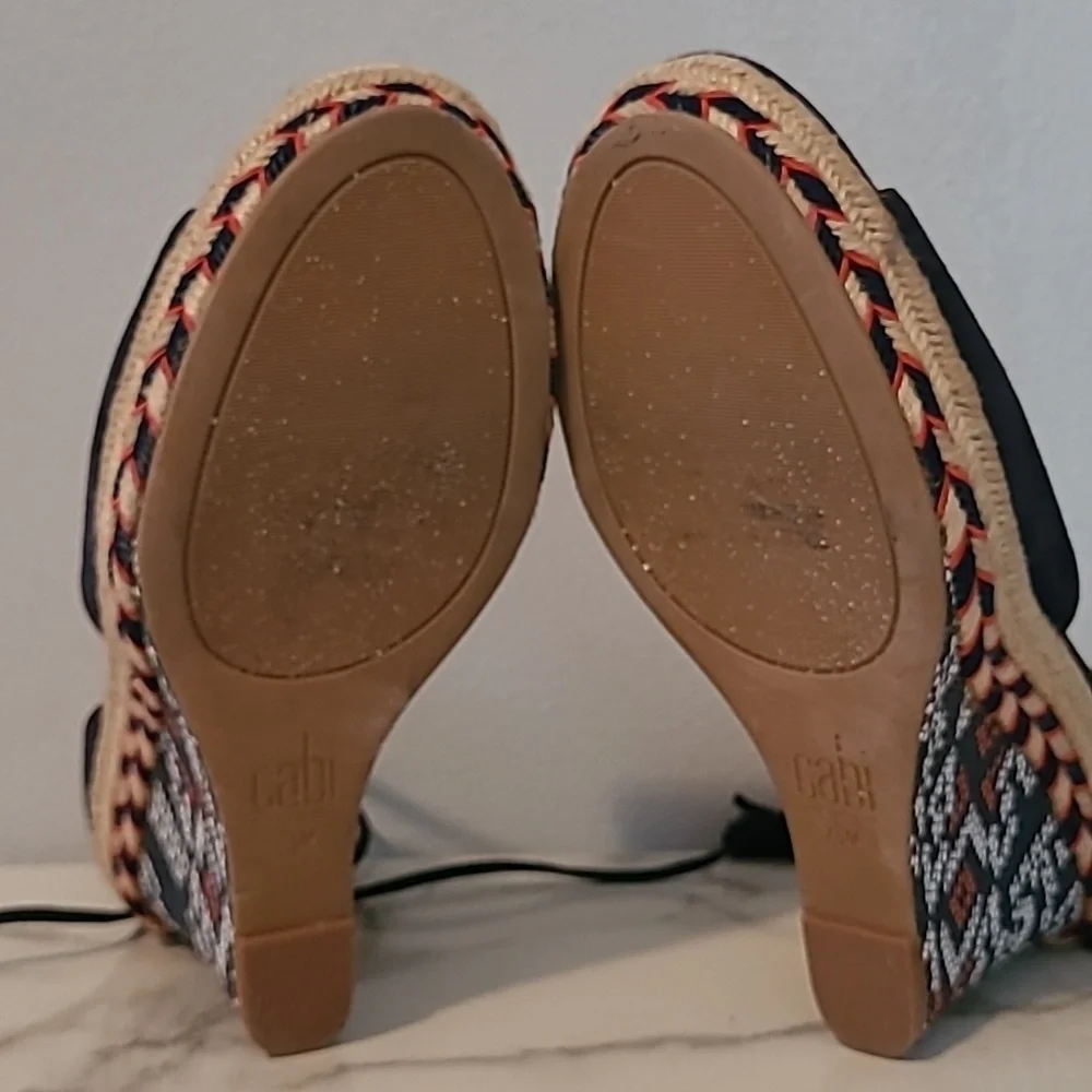 Cabi Isla Leather Suede Navy Blue Wedge Heels Espadrilles Sandals Wmns 7.5 Boho